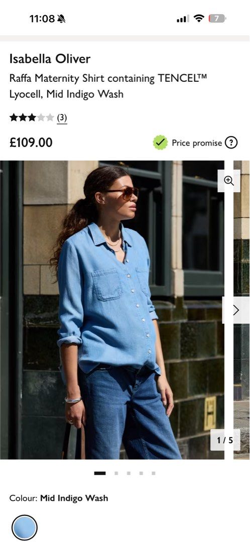 Isabella Oliver Raffa Maternity Shirt containing TENCEL™ Lyocell, Mid Indigo Wash (Category: Maternity wear) located in Singapore. Submitted by strictlynotrade (Listing ID 1444069962, Image 1). Description: .