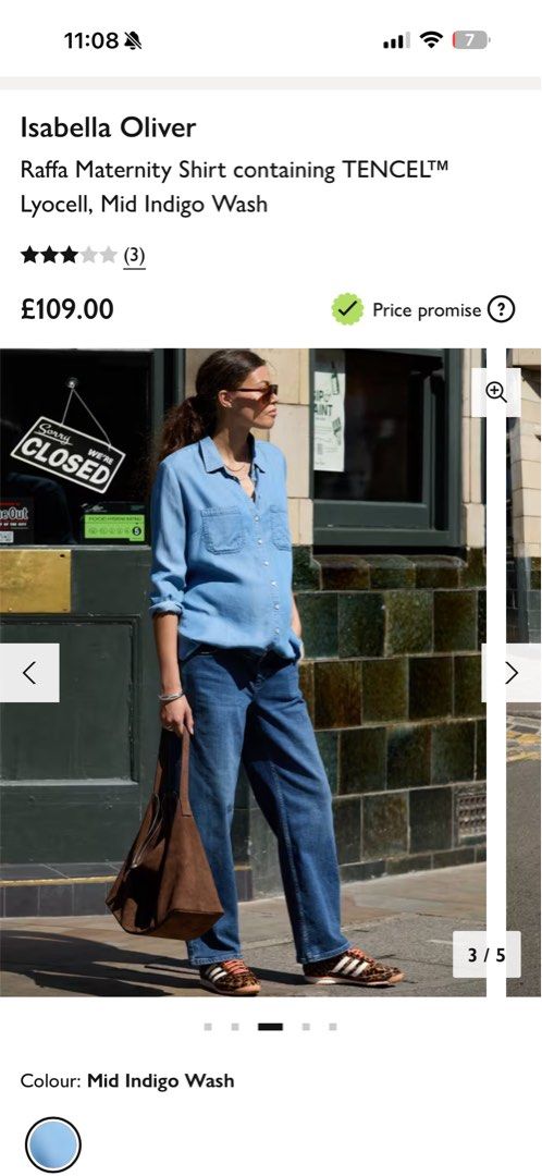 Isabella Oliver Raffa Maternity Shirt containing TENCEL™ Lyocell, Mid Indigo Wash (Category: Maternity wear) located in Singapore. Submitted by strictlynotrade (Listing ID 1444069962, Image 3). Description: .