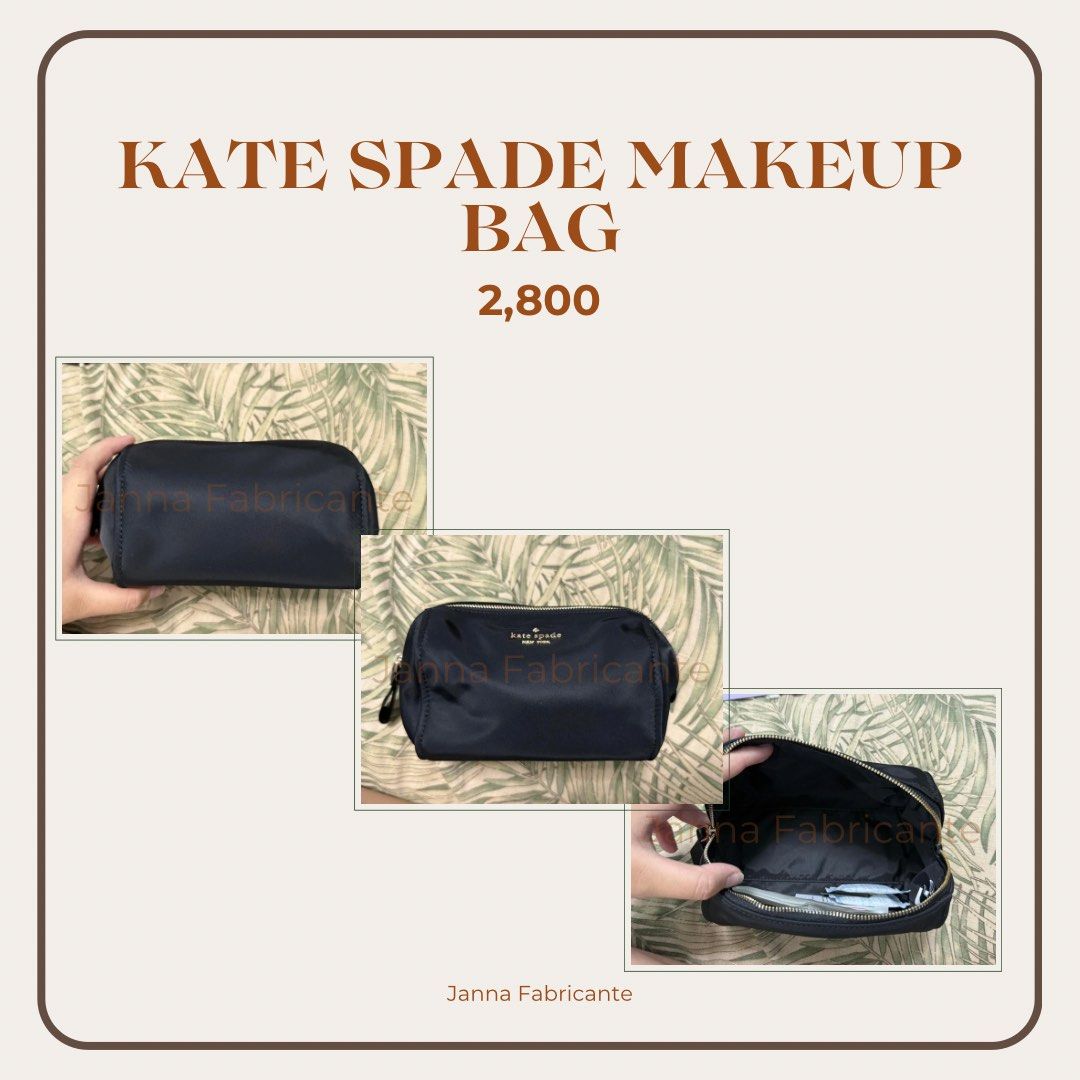 Kate Spade Black Makeup Bag (Category: Luxury Bags & Wallets) located in Manila. Submitted by cristianegaeil (Listing ID 1443959160, Image 1). Description: - Authentic Kate Spade makeup bag - Color: Black - Ideal for travel or everyday use - Secure zipper closure - Interior shown with items for scale - Clean and fully functional - Perfect for organizing your makeup and essentials.