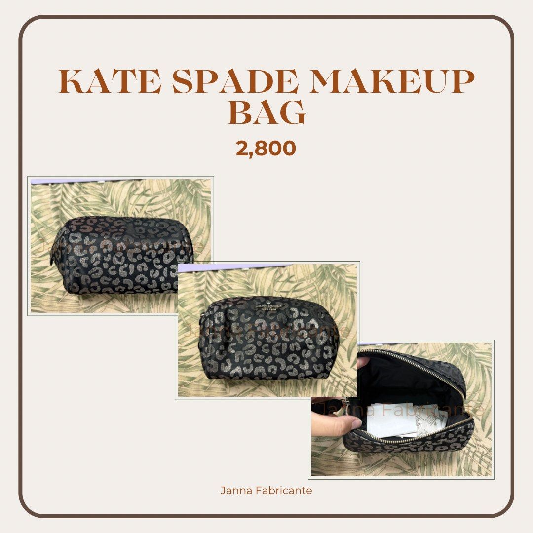 Kate Spade Leopard Print Makeup Bag (Category: Luxury Bags & Wallets) located in Manila. Submitted by cristianegaeil (Listing ID 1443959005, Image 1). Description: - Authentic Kate Spade makeup bag - Stylish leopard print (black with grey & brown spots) - Ideal size for makeup essentials - Secure zipper closure - Perfect for travel or everyday use.