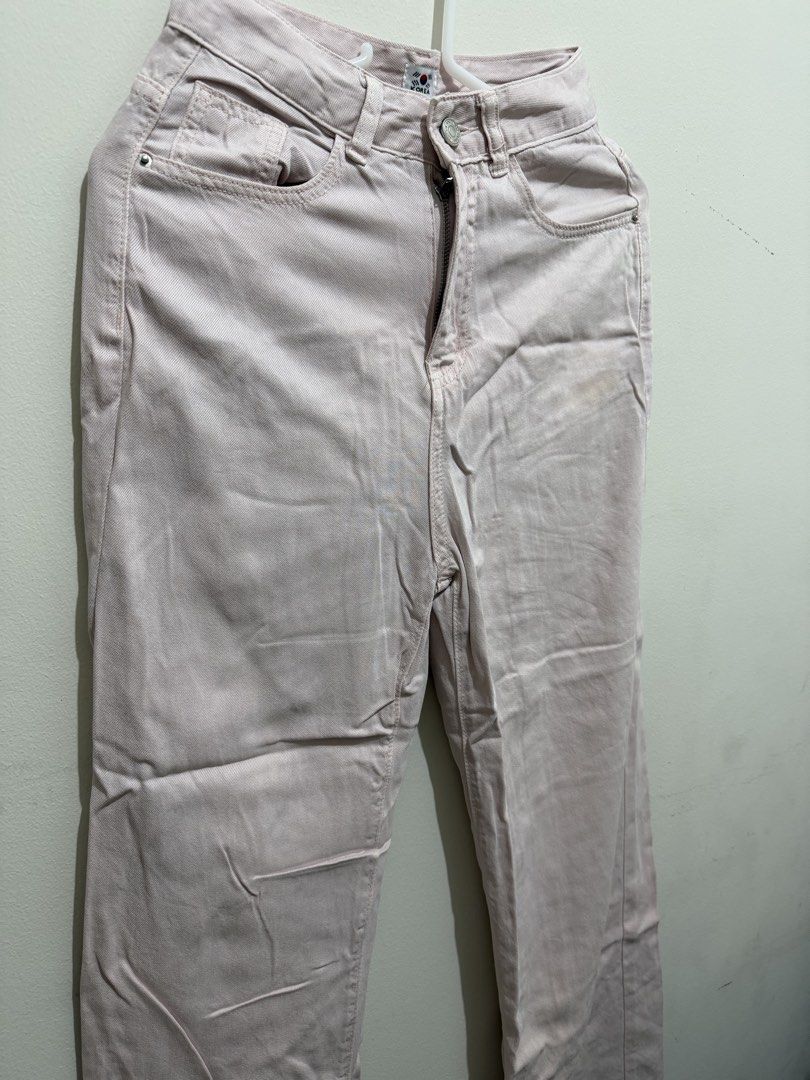 Light Pink High Waisted Wide Leg Jeans (Category: Jeans) located in Pasay City. Submitted by petiteprelovecloset (Listing ID 1444090905, Image 2). Description: - Light pink jeans - High-waisted fit - Wide leg silhouette - Button and zip closure - Two front pockets - Two back pockets - Small stain on right thigh area ( possible washable) - Ideal for casual wear -baby pink pants -High waist pants -Pink denim .