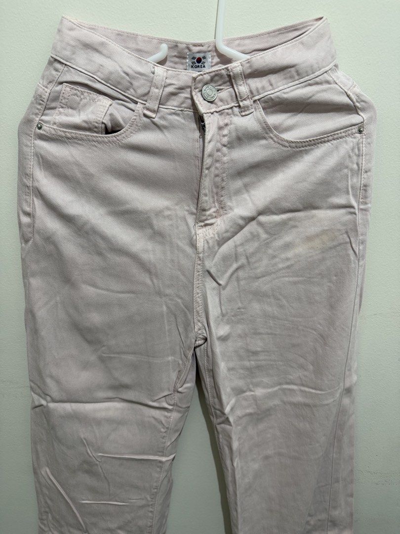 Light Pink High Waisted Wide Leg Jeans (Category: Jeans) located in Pasay City. Submitted by petiteprelovecloset (Listing ID 1444090905, Image 3). Description: - Light pink jeans - High-waisted fit - Wide leg silhouette - Button and zip closure - Two front pockets - Two back pockets - Small stain on right thigh area ( possible washable) - Ideal for casual wear -baby pink pants -High waist pants -Pink denim .