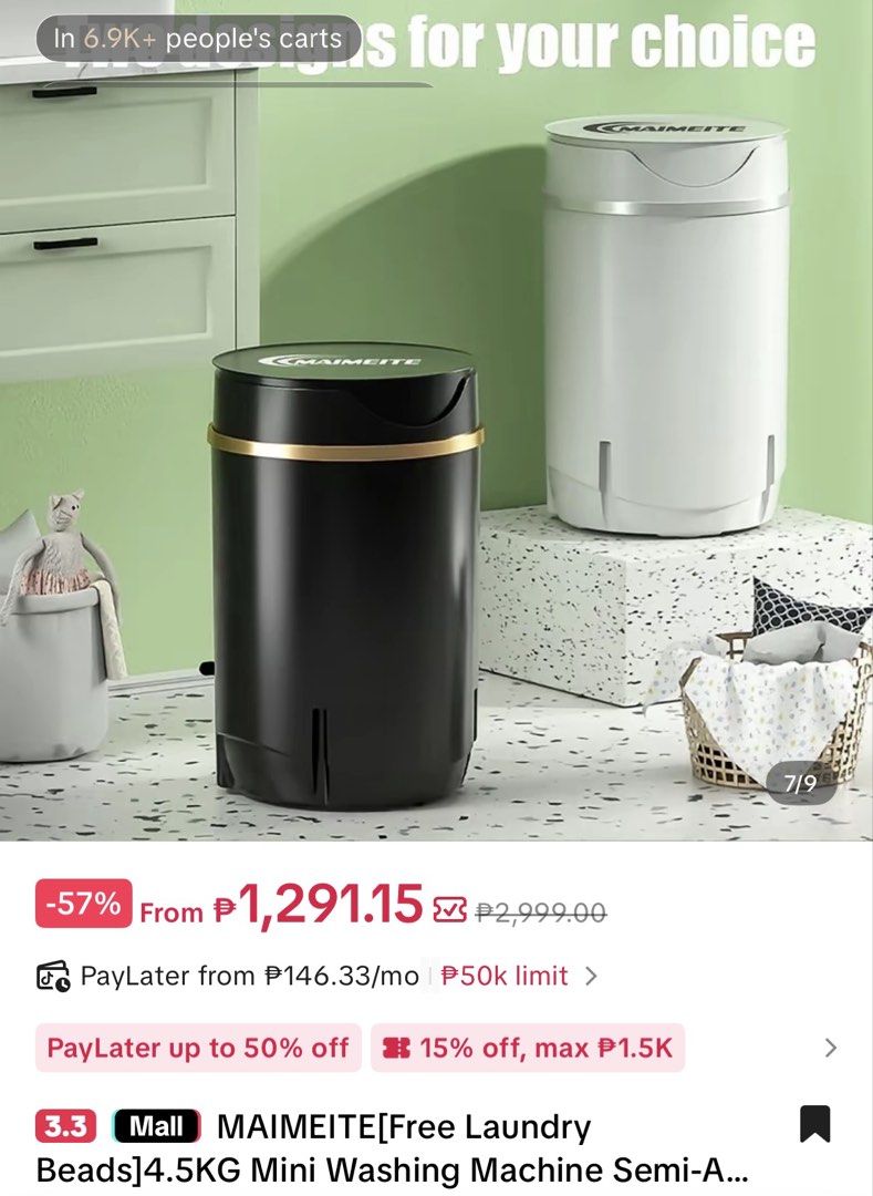 MAIMEITE 4.5KG Mini Washing Machine Semi-Automatic (Category: Washing Machines and Dryers) located in Cavite. Submitted by butfirstdecluttering (Listing ID 1444024828, Image 1). Description: - MAIMEITE Mini Washing Machine - Ideal for small spaces - 4.5KG capacity - Includes free laundry beads - Available colors: Black and White twice lang po nagamit nstock nalang Lalamove: gcash only payment first Jnt: depende sa location buyer ang mag book for 