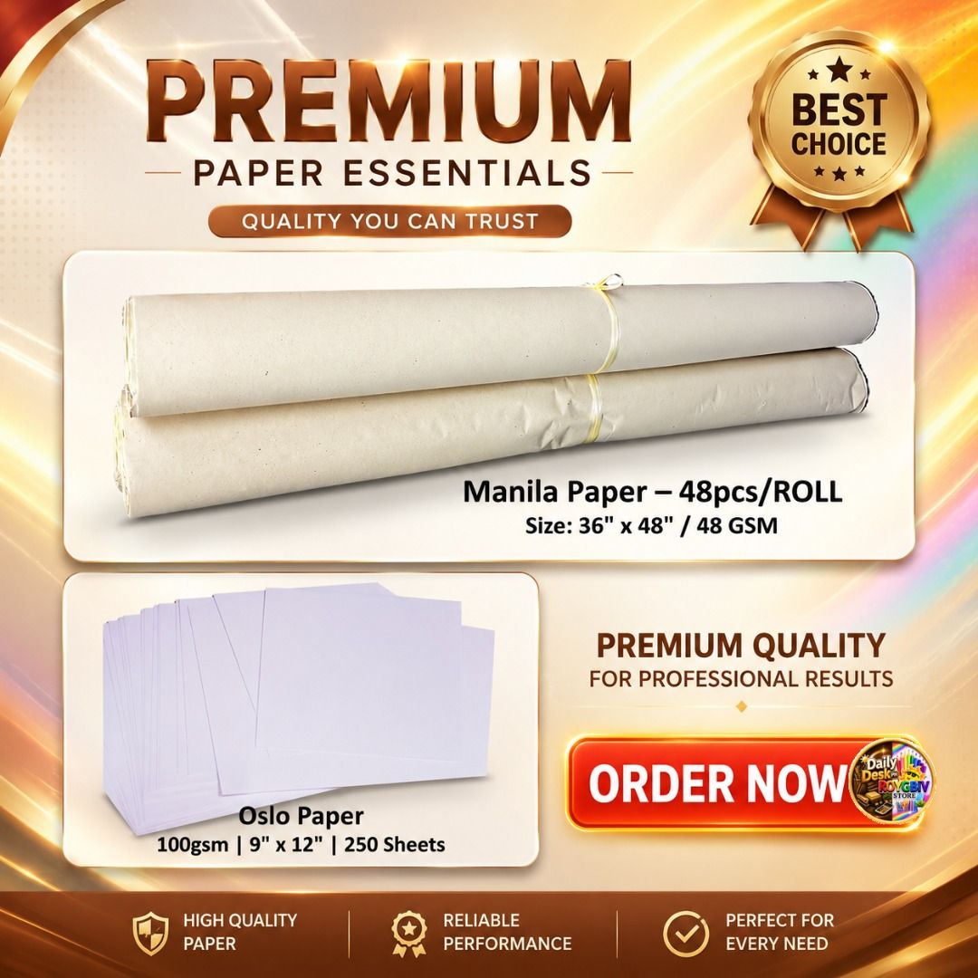 Manila Paper and Oslo Paper (Category: Craft Supplies & Tools) located in Manila. Submitted by golden888onlineshop (Listing ID 1443949123, Image 1). Description: ✔️ Manila Paper and Oslo Paper 1. Manila Paper This is a large, lightweight, pale-yellowish/buff-colored paper made from semi-bleached wood fibers. Specs from Image: 36" x 48" (Large poster size), 48 GSM (thin and lightweight), sold in rolls of 48 pieces. Uses: ✅ Classroom Lectures & Rep