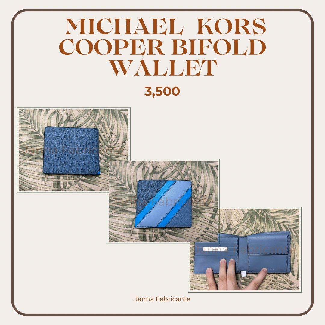 Michael Kors Cooper Bifold Wallet (Category: Luxury Bags & Wallets) located in Manila. Submitted by cristianegaeil (Listing ID 1443957373, Image 1). Description: - Michael Kors Cooper bifold wallet - Features iconic blue MK monogram pattern on one side - Reversible design with a blue and light blue stripe pattern on the other side - Interior includes multiple card slots and a spacious bill compartment - Ideal for everyday use and organization.