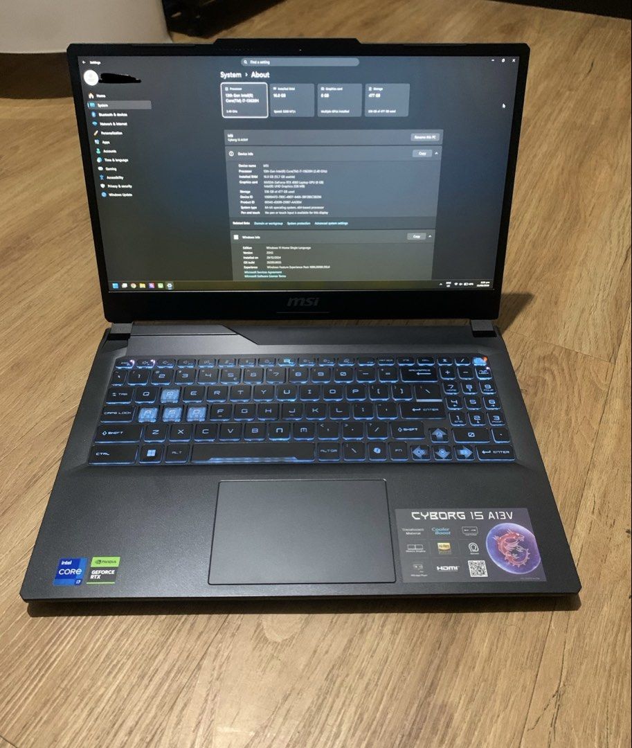 MSI Cyborg 15 A13V Gaming Laptop Good As New (Category: Laptops & Notebooks) located in Quezon City. Submitted by declutterdaily (Listing ID 1443971214, Image 2). Description: - MSI Cyborg 15 A13V Laptop - Processor: Intel Core i7-13620H - Graphics: 8GB NVIDIA GeForce RTX 4050 - Memory: 16GB RAM - Storage: 477GB SSD - Keyboard: Blue Backlighting - Operating System: Windows 11 Home - Ideal for gaming and everyday tasks - Date of purchase: Around D