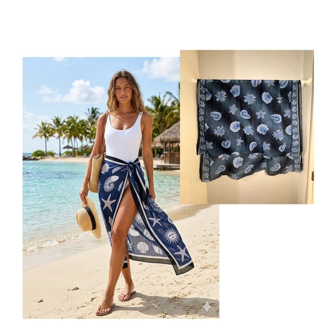 Navy blue shawl/Sea shell print cover up (Category: Scarves) located in San Juan City. Submitted by matchlessgetup.ph (Listing ID 1444015797, Image 1). Description: The fabric is adorned with various ocean-inspired motifs, including scalloped sea shells, spiral nautilus shells, starfish, and stylized sun-like or sea urchin symbols. This type of shawl is commonly used as a fashion accessory or a beach pareo due to its flowy drape and coastal aesth