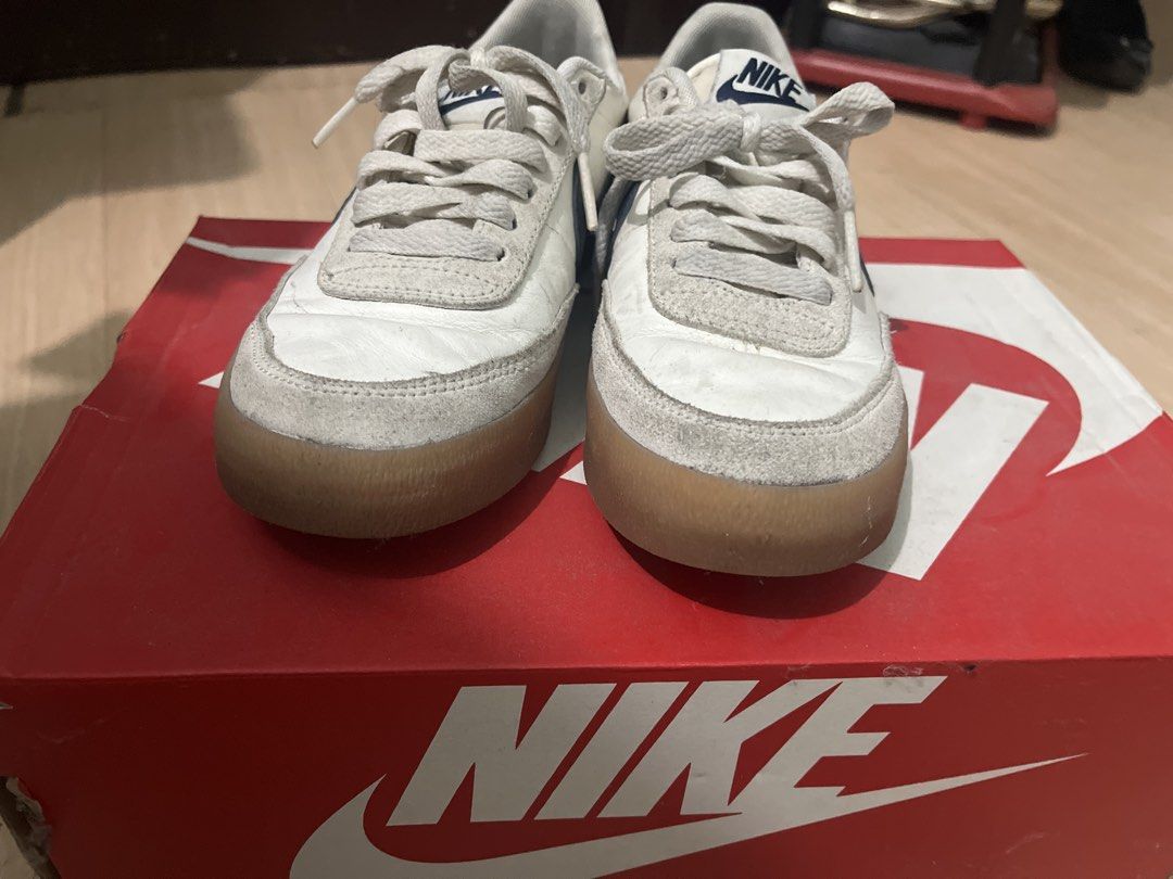 Nike killshot 2 | White & Navy Gum Sole Sneakers (Category: Sneakers) located in Taguig. Submitted by nazthings (Listing ID 1444072621, Image 3). Description: - Classic Nike killshot sneakers - White leather with navy accents - Retro gum sole - Nike logo on tongue and heel - Light grey laces - Ideal for casual wear - Selling as is Size 6.5 womens Used 3 times only (no heel drags front and back) see pics for reference RFS: decluttering.
