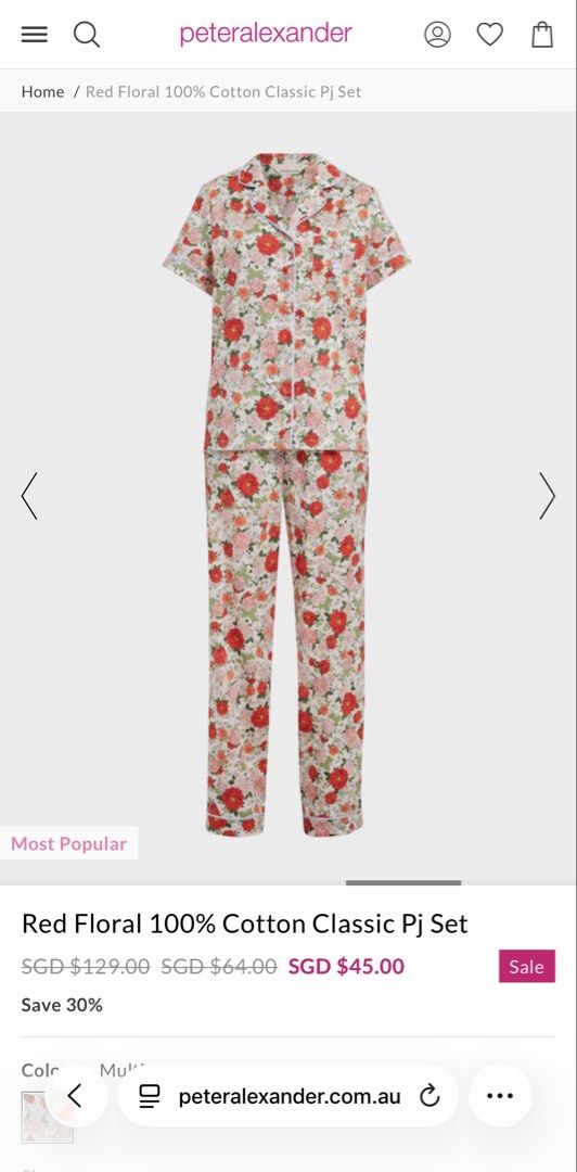 Peter Alexander Red Floral 100% Cotton Classic Pyjama Set (Category: New Undergarments & Loungewear) located in Singapore. Submitted by bubblyflo (Listing ID 1444042459, Image 1). Description: - Brand: Peter Alexander - Design: Red floral pyjama set - Material: 100% Cotton - Style: Classic short sleeve top and long pants - Condition: Brand new, still in original packaging - Sizing: Refer to size guide in photos - Ideal for: Lounging at home - Sel
