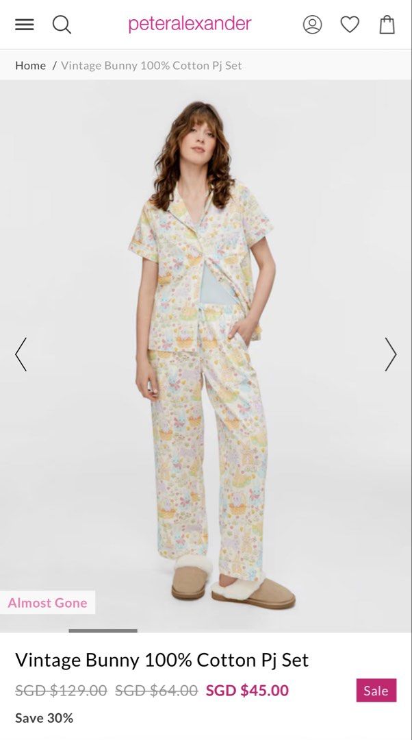 Peter Alexander Vintage Bunny 100% Cotton Pyjama Set Size L (Category: New Undergarments & Loungewear) located in Singapore. Submitted by bubblyflo (Listing ID 1444043134, Image 1). Description: - Brand: Peter Alexander - Style: Vintage Bunny Pyjama Set - Material: 100% Cotton - Design: All-over cute bunny print - Top: Short sleeves, button-up front - Pants: Relaxed fit - Size: L - Price: $45 (Original RRP $129) - Selling at cost, selling because