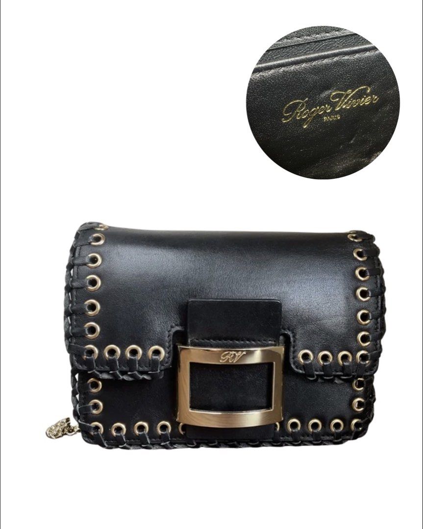 Authentic Roger Vivier bag (Category: Luxury Bags & Wallets) located in Caloocan City. Submitted by siftedthriftedph (Listing ID 1444008215, Image 1). Description: - Rockstar chic vibes - Est. Retail $1,650 - Whipstitch borders made from genuine leather with gold tone hardwares - Leather inner lining - L-7.75in x H-5.75in - Excellent condition.