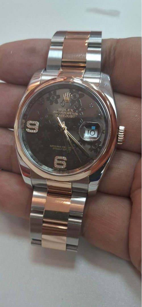 Rolex Oyster Perpetual Datejust Two-Tone Watch (Category: Luxury Watches) located in Pasig City. Submitted by Watchaholics (Listing ID 1443983390, Image 1). Description: Rolex Datejust 36 floral dial with roman big diamonds (6&9) smooth bezel rosegold/steel 36mm Year model 2018 UNIT ONLY For 705k Thanks admin😉.