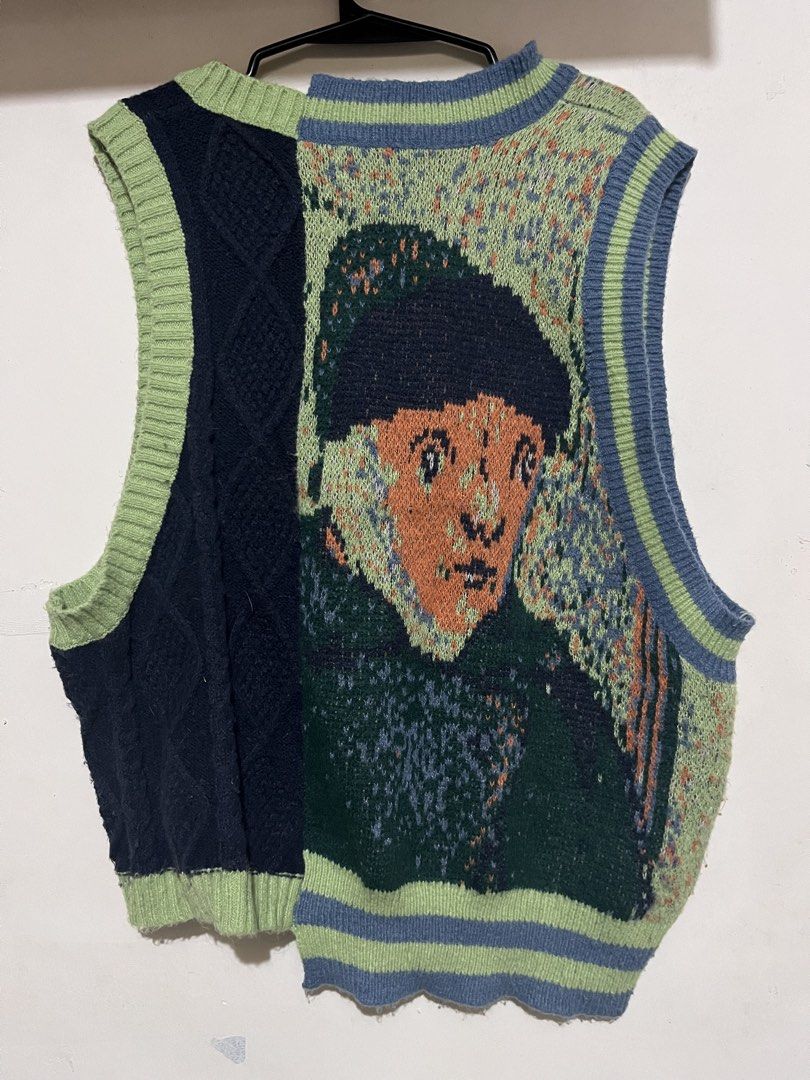 SALE!! Artistic Knit Sweater Vest - Unique Patchwork Design (Category: Sleeveless) located in Manila. Submitted by kayalexi (Listing ID 1443965954, Image 2). Description: - Unique knit sweater vest - Features a cool portrait graphic patchwork design - V-neckline with stylish striped trim - Ideal for layering over shirts or tops - Adds an artistic pop to any outfit -Himulmol issue but still very wearable common issue for knitted clothes).