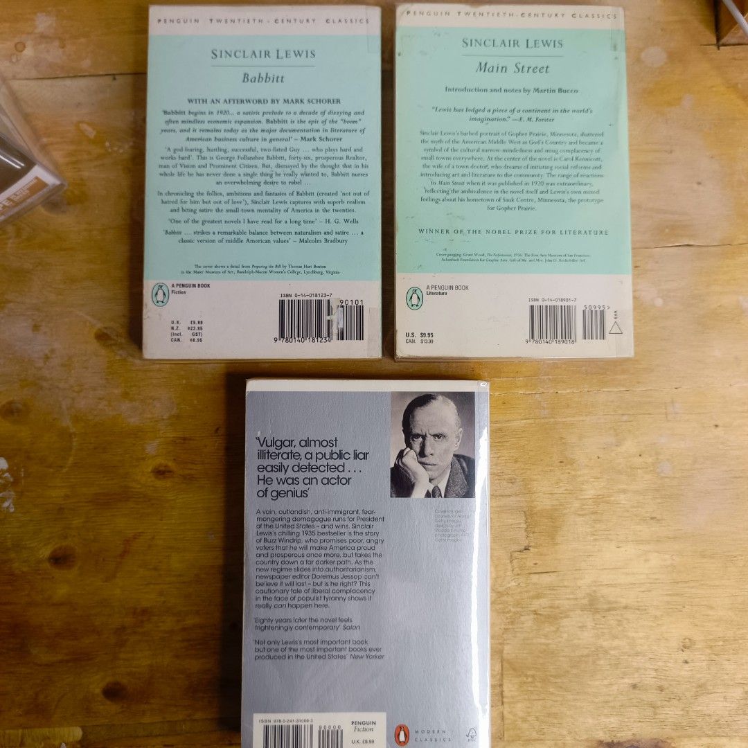 [Set] Sinclair Lewis Penguin Twentieth-Century Classics Books (Category: Storybooks) located in Manila. Submitted by shelfenjoyment (Listing ID 1444037347, Image 2). Description: Selling three books by Sinclair Lewis. Titles are Babbitt, Main Street, and It Can't Happen Here. All are Penguin Twentieth-Century Classics editions. Great reads for anyone interested in classic American literature. Some light wear on the covers but pages are clean. Sel