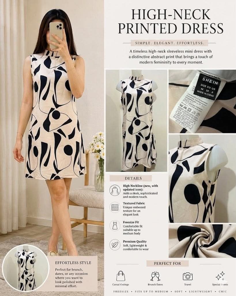 SHEIN HIGH- NECK PRINTED DRESS (Category: Dresses) located in Taguig. Submitted by brillantes34344 (Listing ID 1443964188, Image 1). Description: Bought 390 never worn washed.