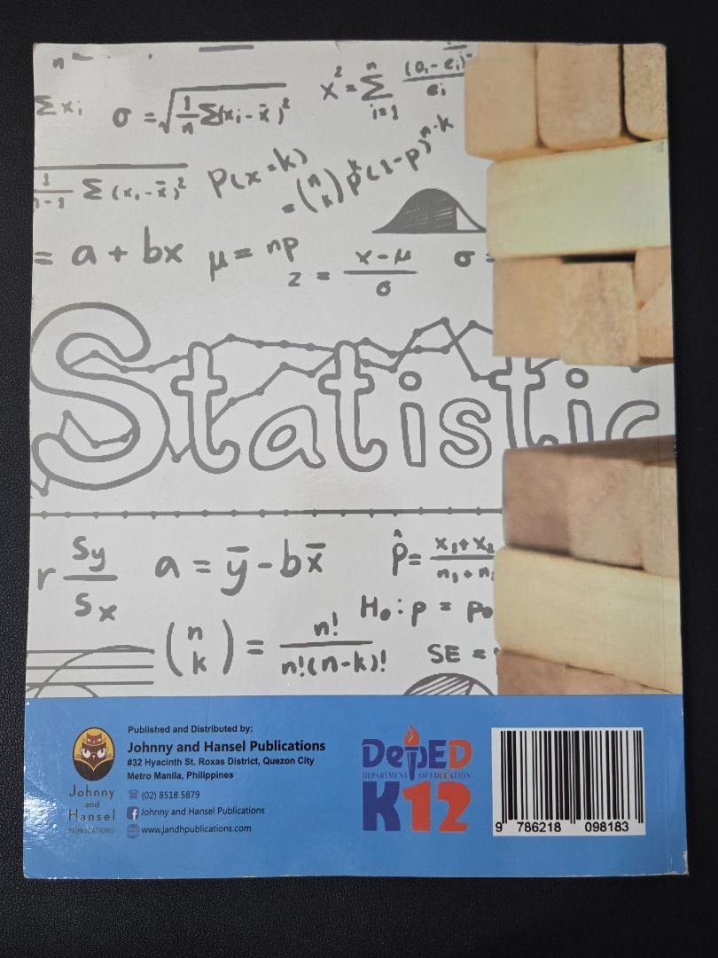 Statistics and Probability: A Modern Approach for the New Generation (Category: Textbooks) located in Makati City. Submitted by enricocarl12883 (Listing ID 1444064652, Image 2). Description: Title: Statistics and Probability: A Modern Approach for the New Generation Author: "Francisco, J., Laviña, C., Pasion, G." Year of Publication: 2021 Publisher: Johnny and Hansel Payment Method: GCASH ONLY Shipping: Lalamove (Shipping Fee covered by Buyer) Ca