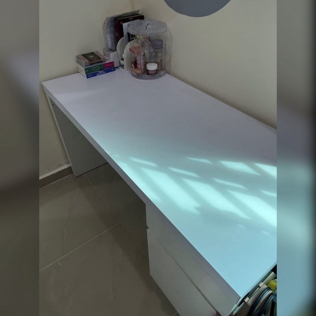 TABLE STUDY IKEA (Category: Tables & Sets) located in Petaling Jaya. Submitted by susansapien_ (Listing ID 1443989866, Image 2). Description: - IKEA MALM desk in white - Features a clean, minimalist design - Includes two drawers for storage - Dimensions: 140cm x 65cm - Provides ample workspace - Perfect for home office or study - Sturdy and functional Self pickup.