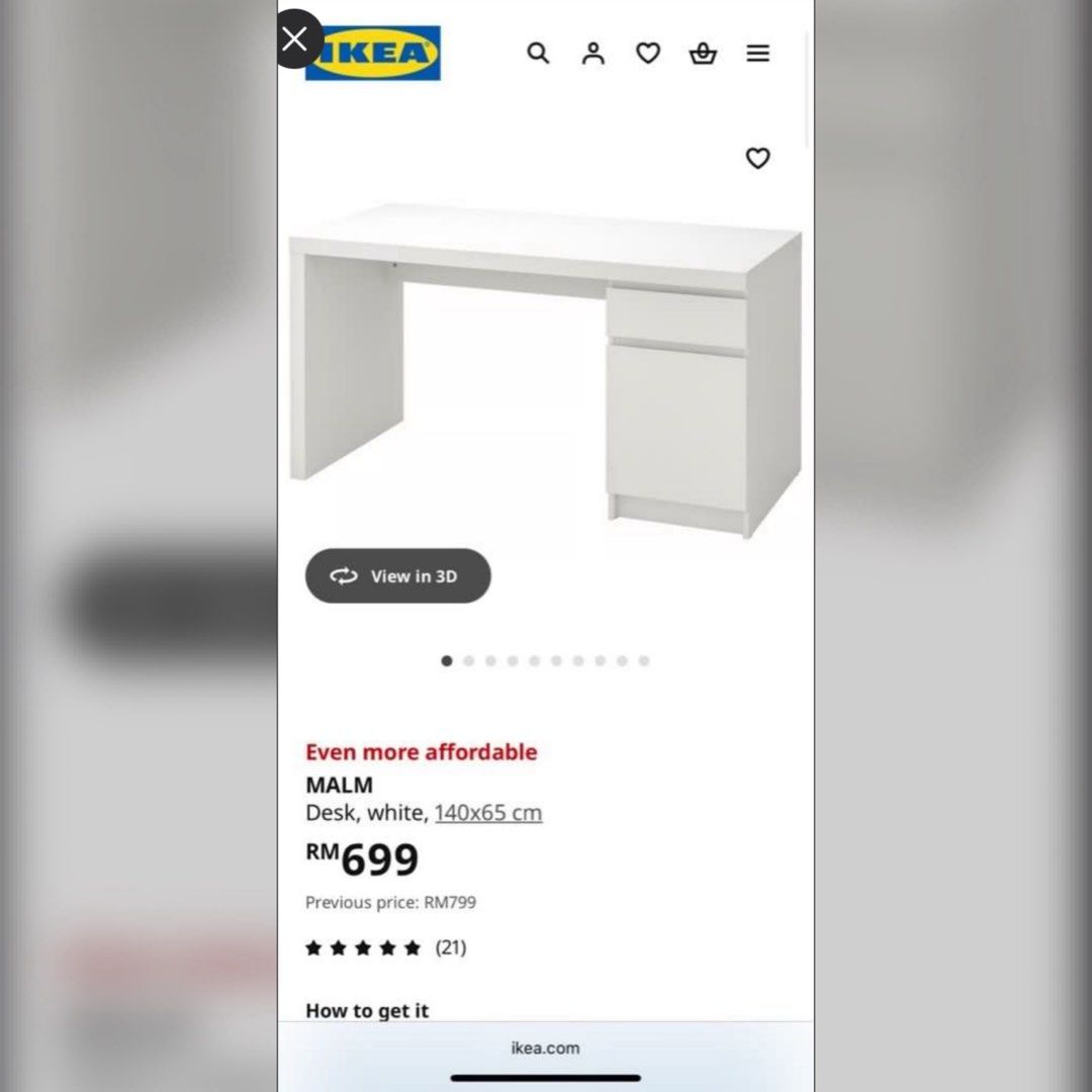 TABLE STUDY IKEA (Category: Tables & Sets) located in Petaling Jaya. Submitted by susansapien_ (Listing ID 1443989866, Image 3). Description: - IKEA MALM desk in white - Features a clean, minimalist design - Includes two drawers for storage - Dimensions: 140cm x 65cm - Provides ample workspace - Perfect for home office or study - Sturdy and functional Self pickup.