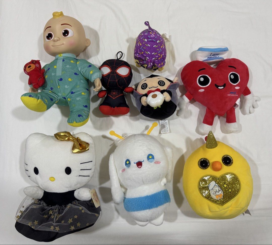 Take All Assorted Plush Toys: Cocomelon, Hello Kitty, Spin, Heart, Chick (Category: Plushies & Soft Toys) located in Mandaluyong City. Submitted by grmnk (Listing ID 1443975830, Image 1). Description: Take all as pictured! All like new (Cocomelon doll is battery-operated) RFS: Decluttering MOP: BPI / GCash.