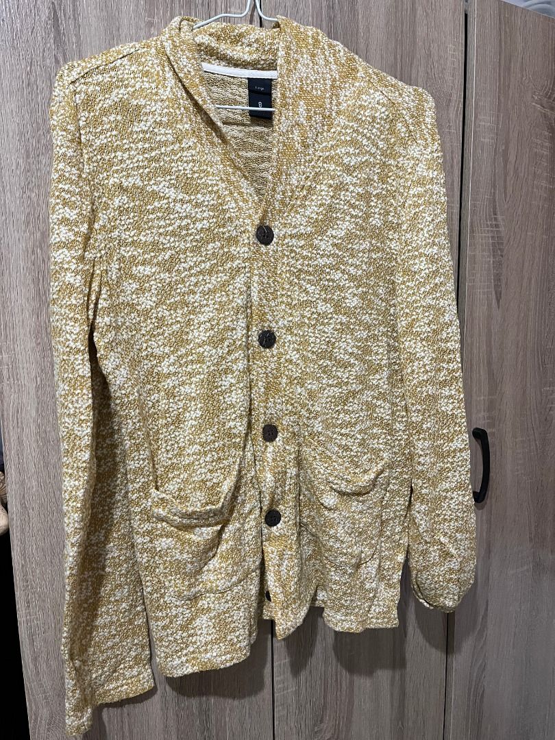 Textured Knit Button-Up Cardigan (Category: Coats, Jackets and Outerwear) located in Cabanatuan. Submitted by declutteringhaven (Listing ID 1443933878, Image 1). Description: CAN FIT UP TO XL - Yellow and white textured knit cardigan - Features a cozy shawl collar - Two convenient front pockets - Easy button-up closure - Ideal for stylish, casual layering.