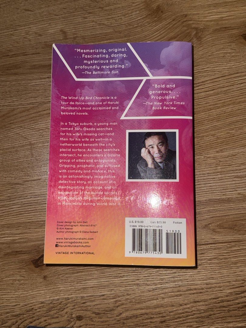 The Wind-Up Bird Chronicle by Haruki Murakami (Category: Storybooks) located in Las Pinas. Submitted by coolthreadz (Listing ID 1444053242, Image 2). Description: - The Wind-Up Bird Chronicle by Haruki Murakami - Includes a new introduction by the author - Set in Tokyo, a captivating story - Follows a young man's search for his missing cat - Uncovers a bizarre world of allies and antagonists - Gripping, prophetic, with comedy and mystery - Essent