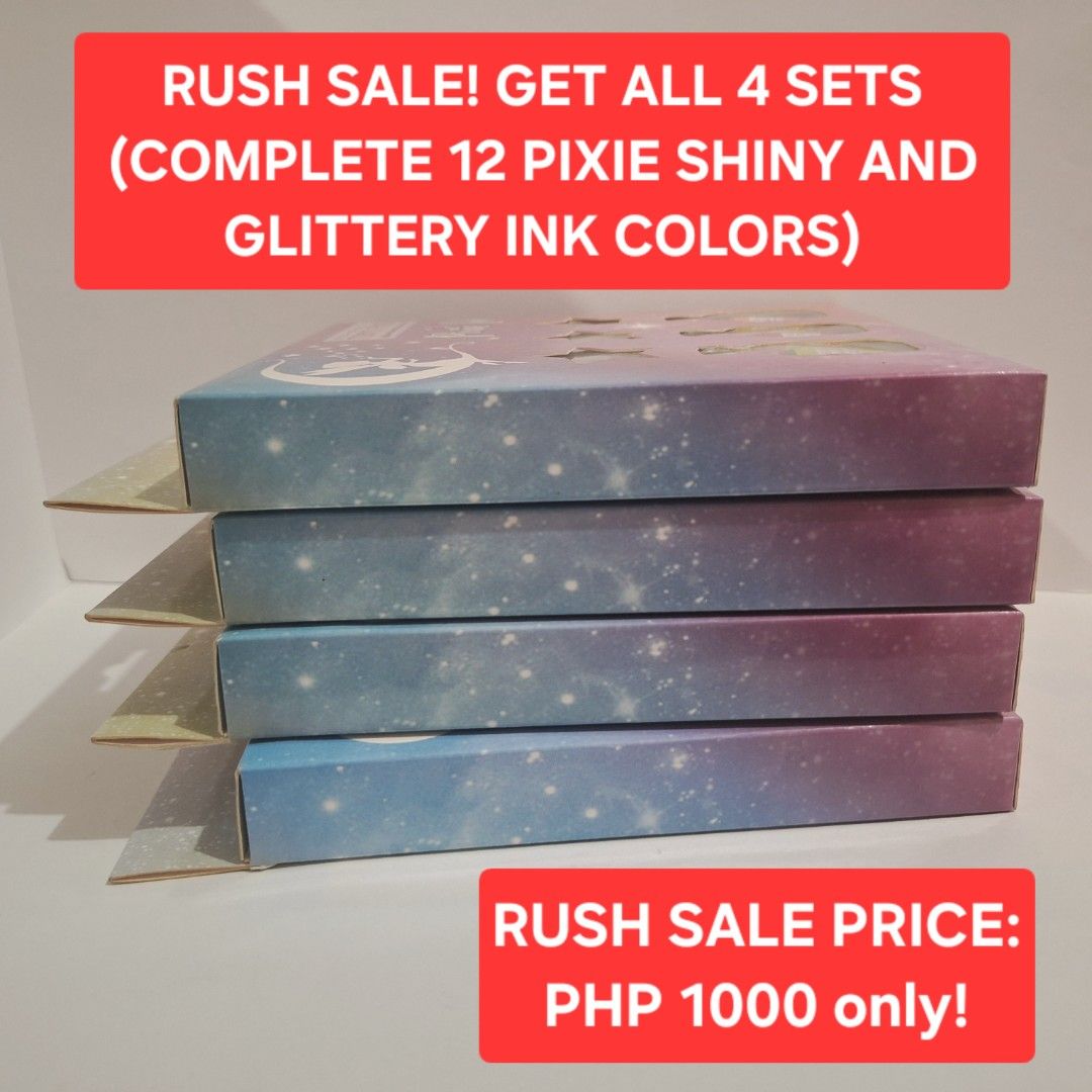 (USED ONCE ONLY!) Tokyo Finds Pixie Ink Complete Set - Rush Sale! (Category: Craft Supplies & Tools) located in Cebu City. Submitted by maponus (Listing ID 1444085037, Image 2). Description: - Complete set of Tokyo Finds Pixie Ink - Includes all 4 sets - Features 12 shiny and glittery ink colors - Original Price: PHP 1,120.00 - Rush Sale Price: PHP 1,000 !!! -RFS: Destashing .
