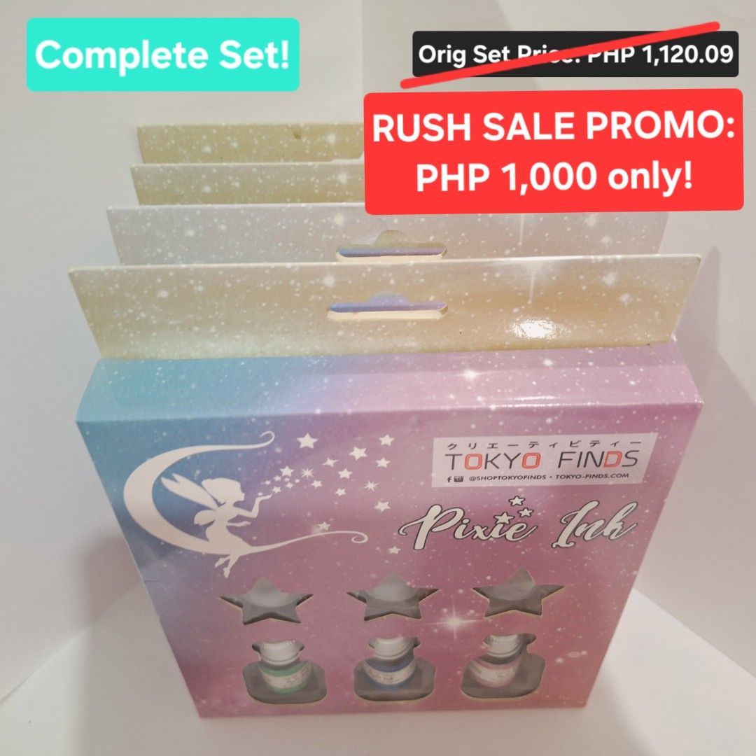 (USED ONCE ONLY!) Tokyo Finds Pixie Ink Complete Set - Rush Sale! (Category: Craft Supplies & Tools) located in Cebu City. Submitted by maponus (Listing ID 1444085037, Image 1). Description: - Complete set of Tokyo Finds Pixie Ink - Includes all 4 sets - Features 12 shiny and glittery ink colors - Original Price: PHP 1,120.00 - Rush Sale Price: PHP 1,000 !!! -RFS: Destashing .