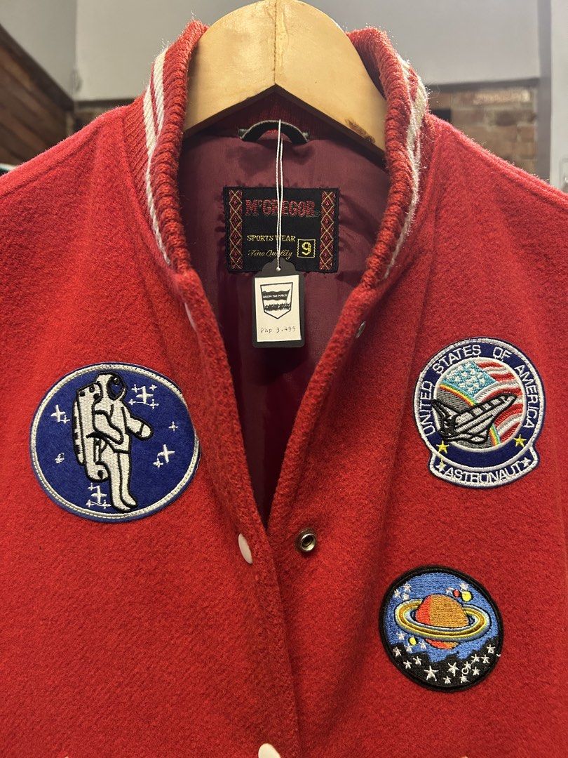 Vintage 80s McGregor Space Patches Red Wool Varsity Jacket (Category: Coats, Jackets and Outerwear) located in Quezon City. Submitted by pricetakedown (Listing ID 1443995320, Image 3). Description: Vintage 80s McGregor Space Patches Red Wool Varsity Jacket Made in Japan🇯🇵 Size on Tag 9 (S/M) | Php3,499 . - Authentic vintage licensed Japanese release by Nichimen Iryo Co. - Era-correct space exploration, rocket, and astronaut patches. - Premium m