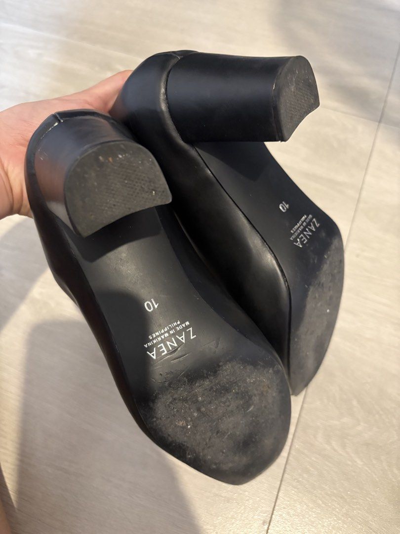Zanea Black Square Toe Block Shoes (Category: Heels) located in Cavite. Submitted by friesoverload (Listing ID 1443987862, Image 3). Description: - In excellent condition - Brand: Zanea - Color: Black - Style: Square toe heels with block heel - Comfort: Comfortable for everyday wear - Size: 10 - Origin: Made in the Philippines - Condition: Minor scuffs on soles from normal wear.