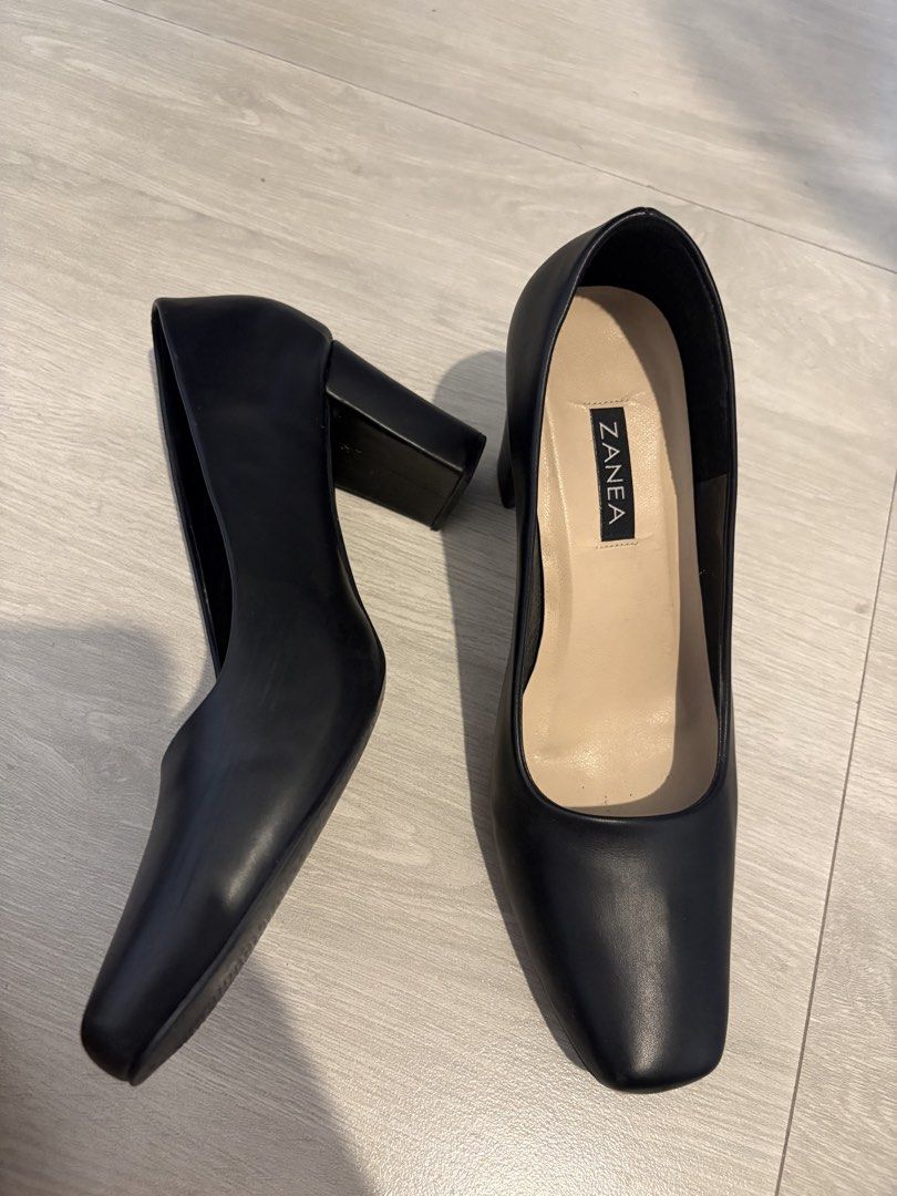 Zanea Black Square Toe Block Shoes (Category: Heels) located in Cavite. Submitted by friesoverload (Listing ID 1443987862, Image 2). Description: - In excellent condition - Brand: Zanea - Color: Black - Style: Square toe heels with block heel - Comfort: Comfortable for everyday wear - Size: 10 - Origin: Made in the Philippines - Condition: Minor scuffs on soles from normal wear.