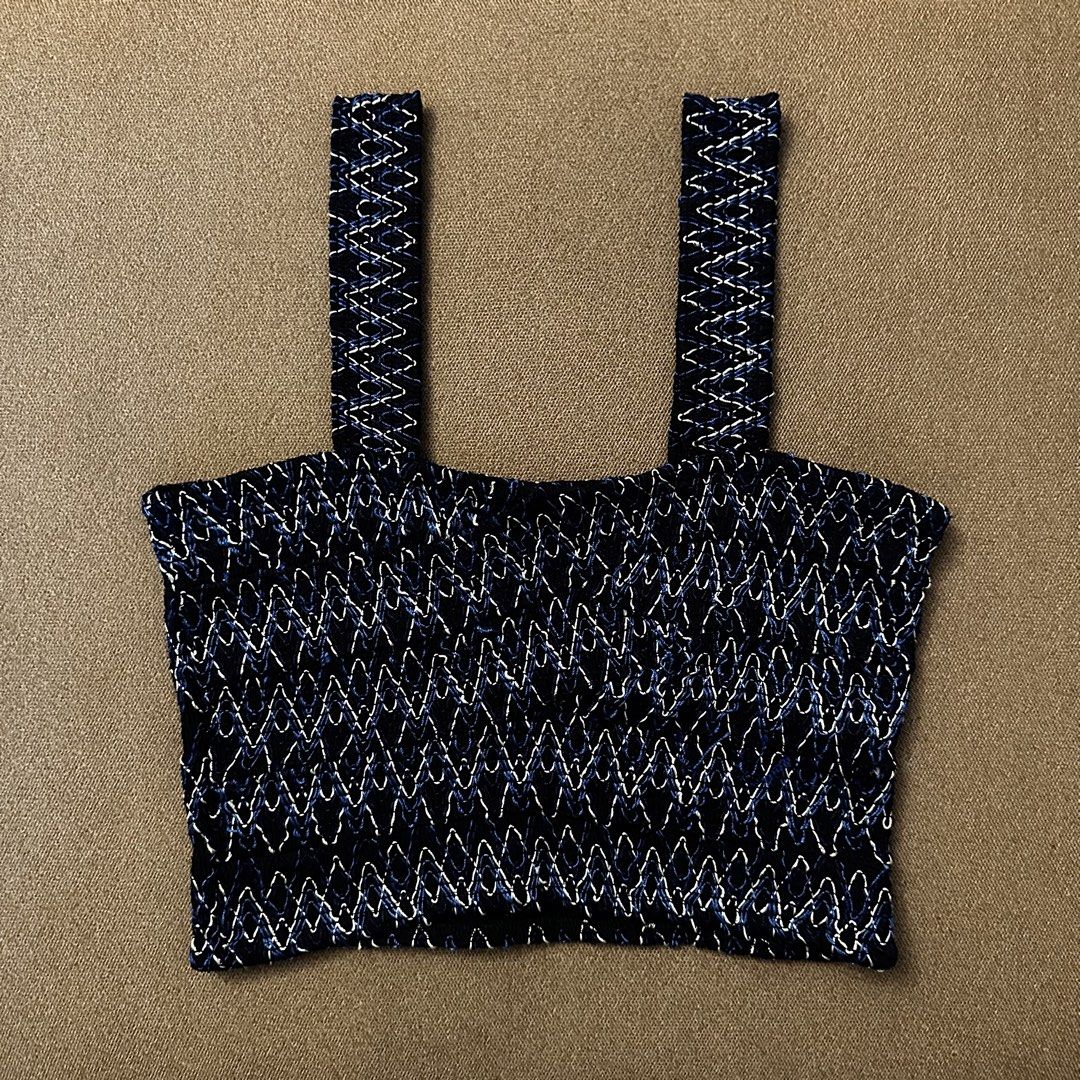 Zara navy blue patterned smocked sleeveless top (Category: Others Tops) located in Batangas. Submitted by veevasclutter (Listing ID 1444069575, Image 1). Description: • bust: 12in, length: 14in.