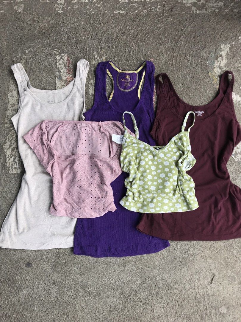 50 Each Tank Tops Sando Tops (Category: Sleeveless) located in Bulacan. Submitted by shaila.buraga (Listing ID 1444123476, Image 1). Description: beige, purple racerback, maroon Old Navy, pink perforated, and green floral print cami - Great for layering or wearing on its own - Versatile and comfortable for various looks XS-L.