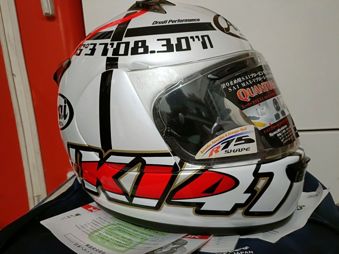 Arai Quantum-J Haga Monza fast Deal $650 nego (Category: Motorcycle Apparel) located in Singapore. Submitted by edot77 (Listing ID 1444282153, Image 2). Description: - Arai Quantum-J Helmet - "Nitro Nori" graphic with fun snail rider - Size: M (57-58 CM) - Certifications: SNELL & PSC -Brand New ,only once try & keep it - Origin: Made in Japan - Visor: Clear visor included - Ideal for: Track days & street riding .