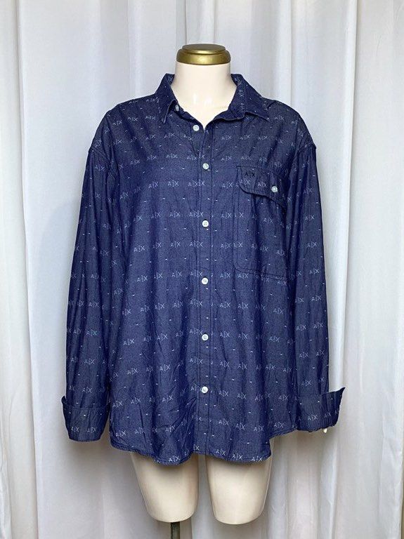 Armani Exchange Monogram Denim Polo Long sleeve (Category: Formal Shirts) located in Pagadian. Submitted by picknpack (Listing ID 1444263196, Image 1). Description: • Length: 27, Width: 25 •Large - semi XXL •good as new | no issue | color rate 10/10 •worth to buy •need wash since its from ukay source.