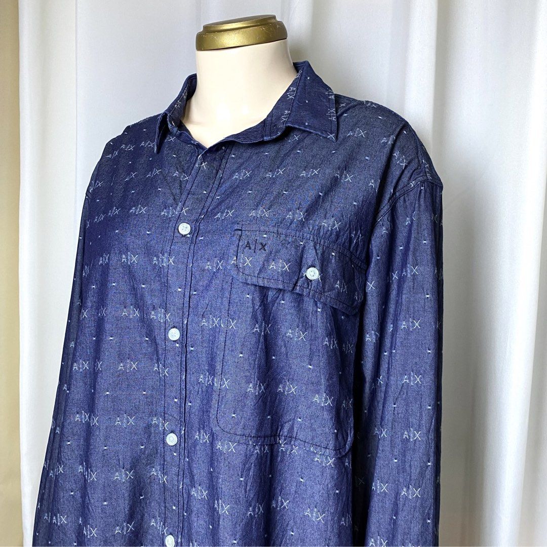 Armani Exchange Monogram Denim Polo Long sleeve (Category: Formal Shirts) located in Pagadian. Submitted by picknpack (Listing ID 1444263196, Image 2). Description: • Length: 27, Width: 25 •Large - semi XXL •good as new | no issue | color rate 10/10 •worth to buy •need wash since its from ukay source.