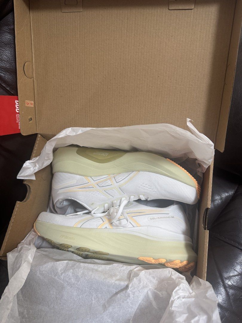 ASICS Gel-Kayano 32 BNIB (Bought 13 June 26) White/Orange Glow (Category: Sneakers) located in Singapore. Submitted by vishalp1507 (Listing ID 1444197876, Image 1). Description: - Receipt will be provided (bought on 13 June 2026) - Authentic bought from je west gate - Sun & Sand Sports Sg - Men's Size: US 8.5 / UK 7.5 / EUR 42 - Color: White/Orange Glow - Comes with original box and bag from SSS - size Stock Out in Sg and hard to get Brand New at