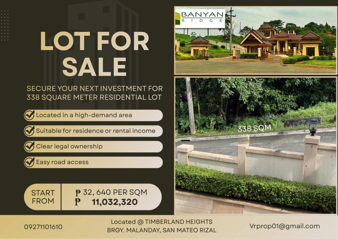 Banyan Ridge (Category: Lot) located in Manila. Submitted by eishty05 (Listing ID 1444171942, Image 1). Description: This lot is located at Timberland Heights in Brgy. Malanday San Mateo Rizal. 15 minutes away in Quezon City and is near at the gate entrance..
