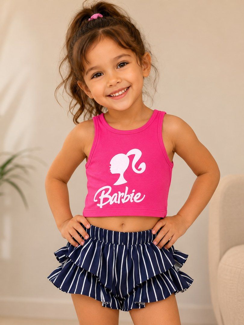 Barbie Crop Top and Ruffle Shorts Set (Category: Babies & Kids Fashion) located in La Trinidad. Submitted by secondsmatter (Listing ID 1444145679, Image 2). Description: - Bright pink crop top - Navy blue shorts with white stripes and ruffles - Ideal for summer wear and dress-up - Comfortable and stylish for kids - for 3-4yrs old😊.