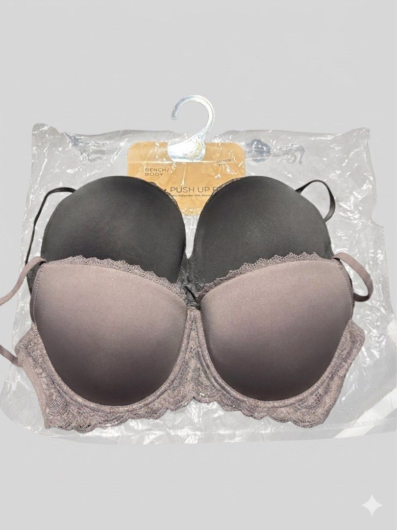 Bench Body Push Up Bra 2-Pack Grey & Nude 38C Cup Size (Category: Undergarments & Loungewear) located in Quezon City. Submitted by coramalabanan (Listing ID 1444221620, Image 3). Description: - Get a 2-pack of Bench Body push-up bras. - Includes one soft nude and one dark grey bra. - Both feature delicate lace trim on cups and band. - Adjustable straps for a perfect fit. - Secure hook-and-eye closure at the back. - Designed for comfortable everyd