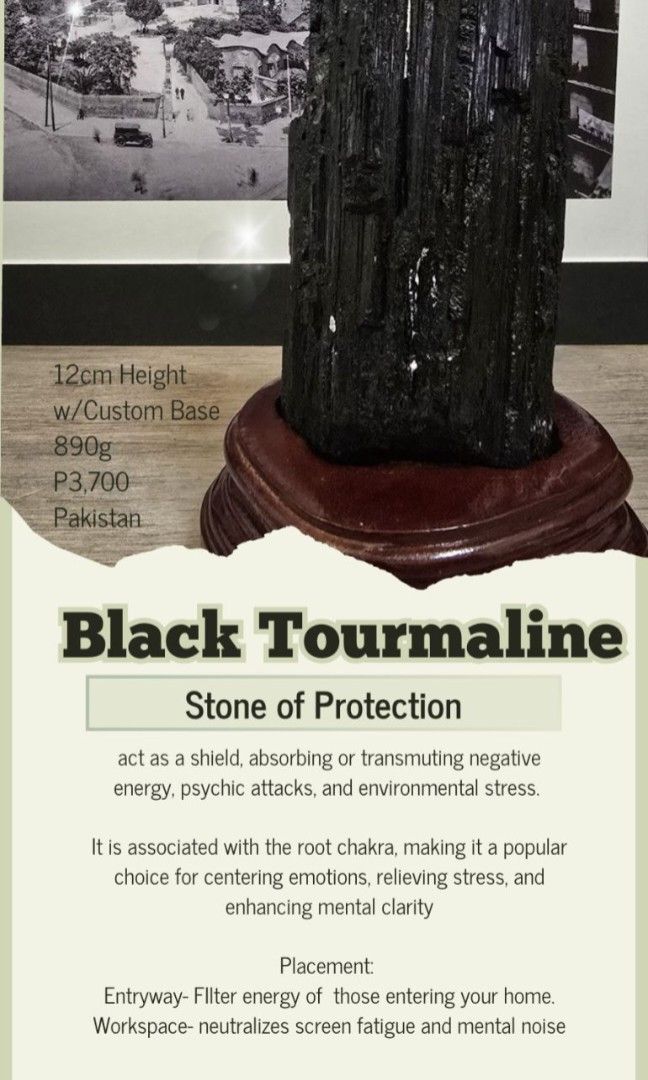 Black Tourmaline with Custom Base (Category: Precious Stones) located in Taguig. Submitted by c_rivera (Listing ID 1444146261, Image 2). Description: 12cm tall, 890g Stone of Protection. RFS: Raising Funds. Negotiable for same day transactions..