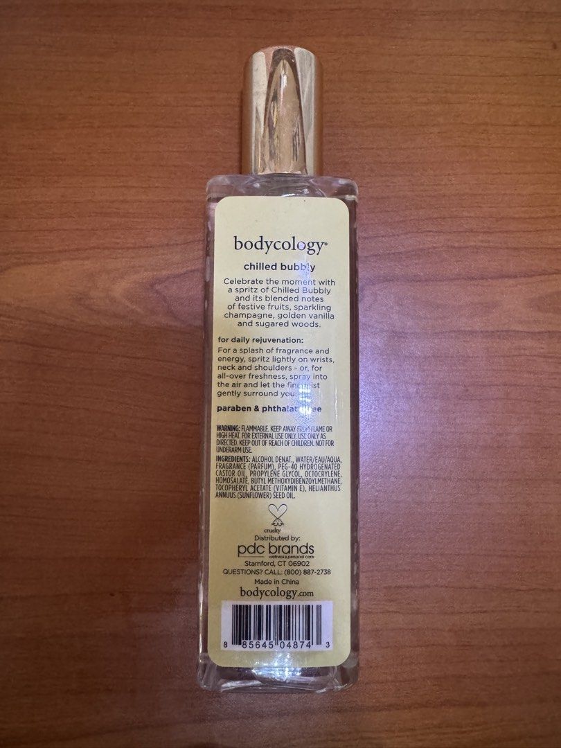 Bodycology Chilled Bubbly Fragrance Mist 8 oz (Category: Fragrance & Deodorants) located in Manila. Submitted by whitewallflower (Listing ID 1444176506, Image 2). Description: - Bodycology Chilled Bubbly Fragrance Mist - Scent Profile: Champagne, Vanilla, Sandalwood - Ideal for a refreshing spritz throughout the day - Apply to pulse points (wrists, neck, shoulders) - Free from parabens and phthalates - Size: 8 fl oz / 237 mL.