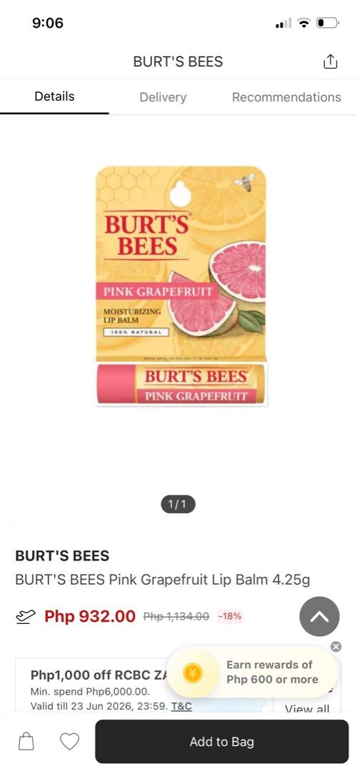 Burt's Bees Pink Grapefruit Moisturizing Lip Balm 4.25g (Category: Face Care) located in Baguio. Submitted by the_general_store (Listing ID 1444138501, Image 2). Description: - Burt's Bees Hydrating Lip Balm - Flavor: Pink Grapefruit - 100% Natural Origin - Made with responsibly sourced beeswax - Enriched with sunflower seed oil and coconut oil - Leaves lips feeling soft and smooth - Perfect for everyday use - Price: 520php (original price: 932ph