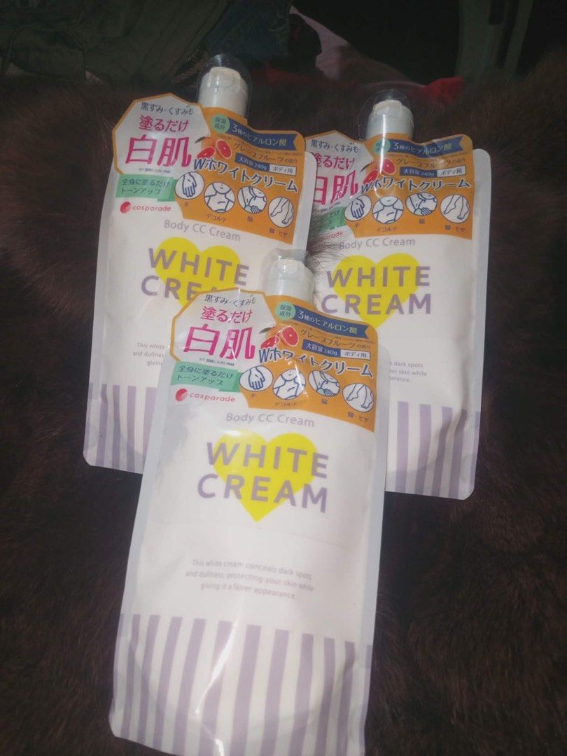 Cosparade White CC Cream Body Lotion (Category: Body Care) located in Manila. Submitted by bright.gherah (Listing ID 1444197748, Image 2). Description: - Get 1 pouch of Cosparade White CC Cream. - Instantly covers dark spots and dullness. - Protects skin from harmful UV rays. - Provides a fairer, brighter appearance. - Ideal for everyday use..