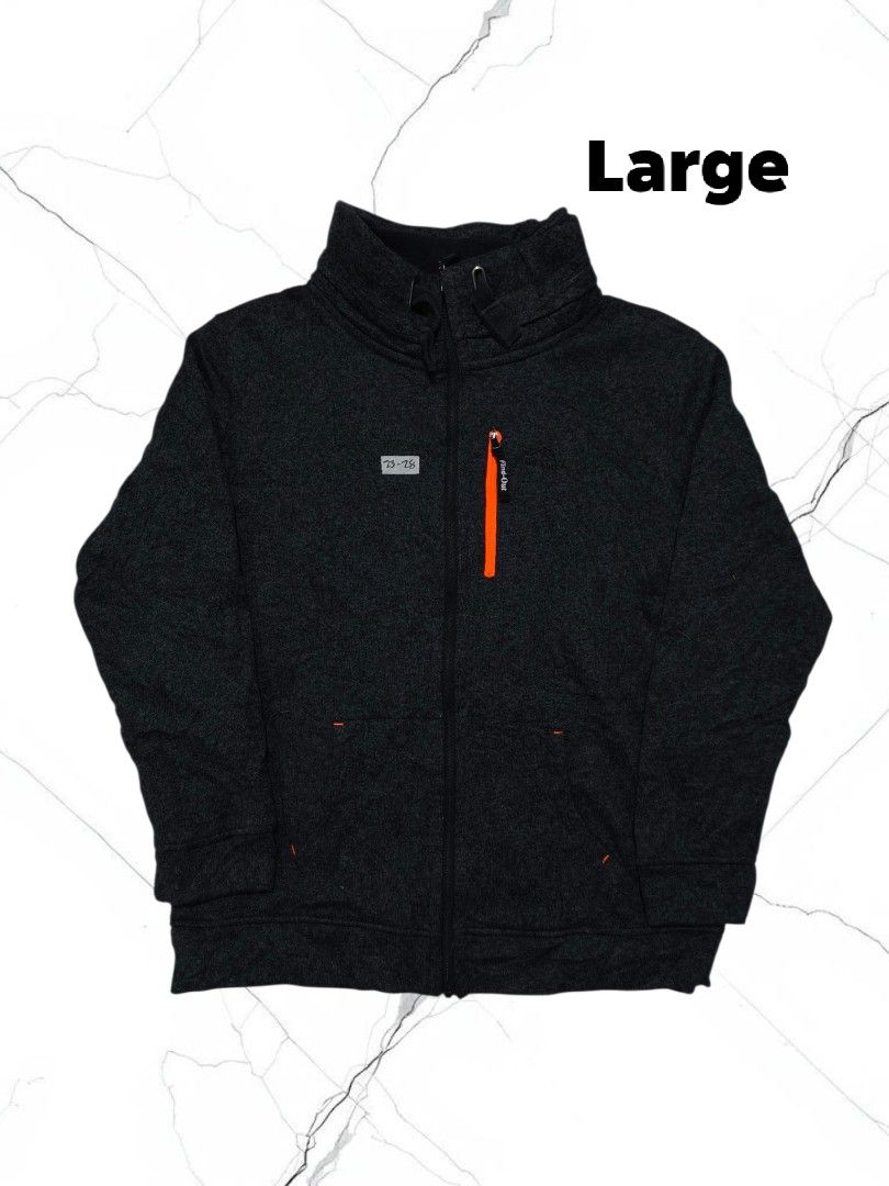 Dark Grey Zip-Up Jacket with Orange Accents - Size Large (Category: Coats, Jackets and Outerwear) located in Quezon City. Submitted by jamtnf (Listing ID 1444124493, Image 1). Description: - Dark grey zip-up jacket - All-over textured pattern - Orange zipper pocket on chest - Orange stitching details - Stand-up collar - Size: Large - Ideal for casual wear.