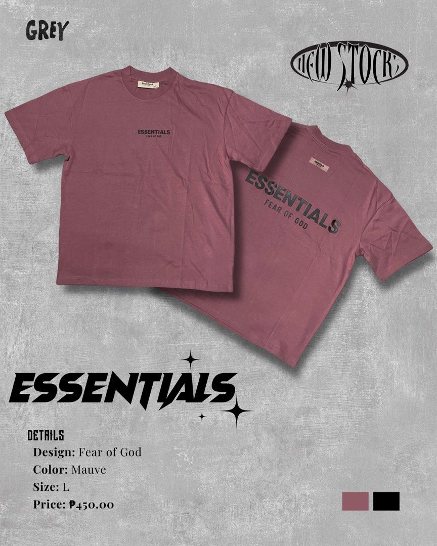 Fear of God Essentials Mauve T-shirt Size L (Category: Tshirts & Polo Shirts ) located in Manila. Submitted by raaari (Listing ID 1444141527, Image 1). Description: - Brand: Fear of God Essentials - Color: Mauve - Size: Large (L) - Design: Features the classic Essentials logo on the front and a larger logo on the back. - Condition: Brand new stock - Comfort: A comfortable and stylish everyday tee..