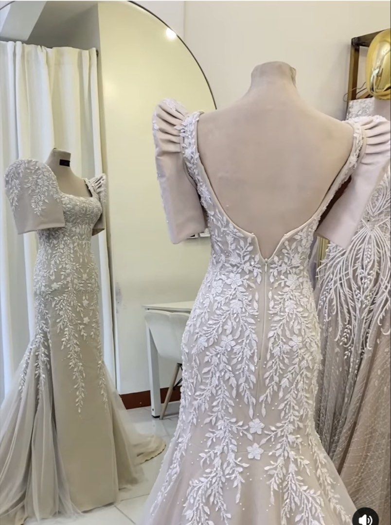 Filipiniana Wedding Gown (Category: Evening dresses & gowns) located in Bulacan. Submitted by tidycorner (Listing ID 1444194433, Image 2). Description: Used on my wedding. Paid 40k for this gown, selling for 16k. Removable yung sleeves nya, inattached nung day ng wedding. You can have your seamstress remove it or alter it according to your size as well. Selling really low para di masayang nakatambak. Kayo nlang pa dry clean. Nabusy na sobra after