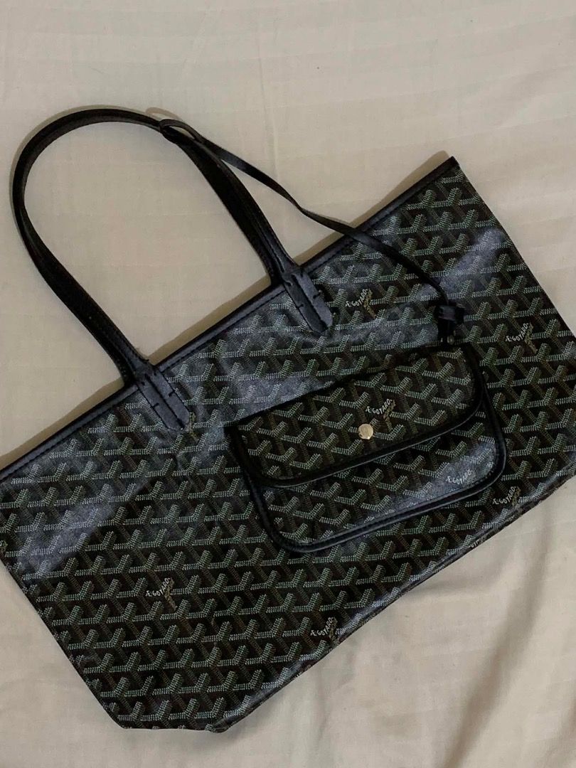 Goyard Black Monogram Tote Bag with Pouch (Category: Luxury Bags & Wallets) located in Valenzuela. Submitted by choi_0711 (Listing ID 1444168314, Image 2). Description: - Classic black Goyard tote bag - Features iconic Goyard monogram pattern - Comes with a matching smaller pouch - Ideal for everyday use or travel - Spacious interior - Durable leather handles and trim - A timeless and stylish accessory Good as new po, no issues or rubs With white