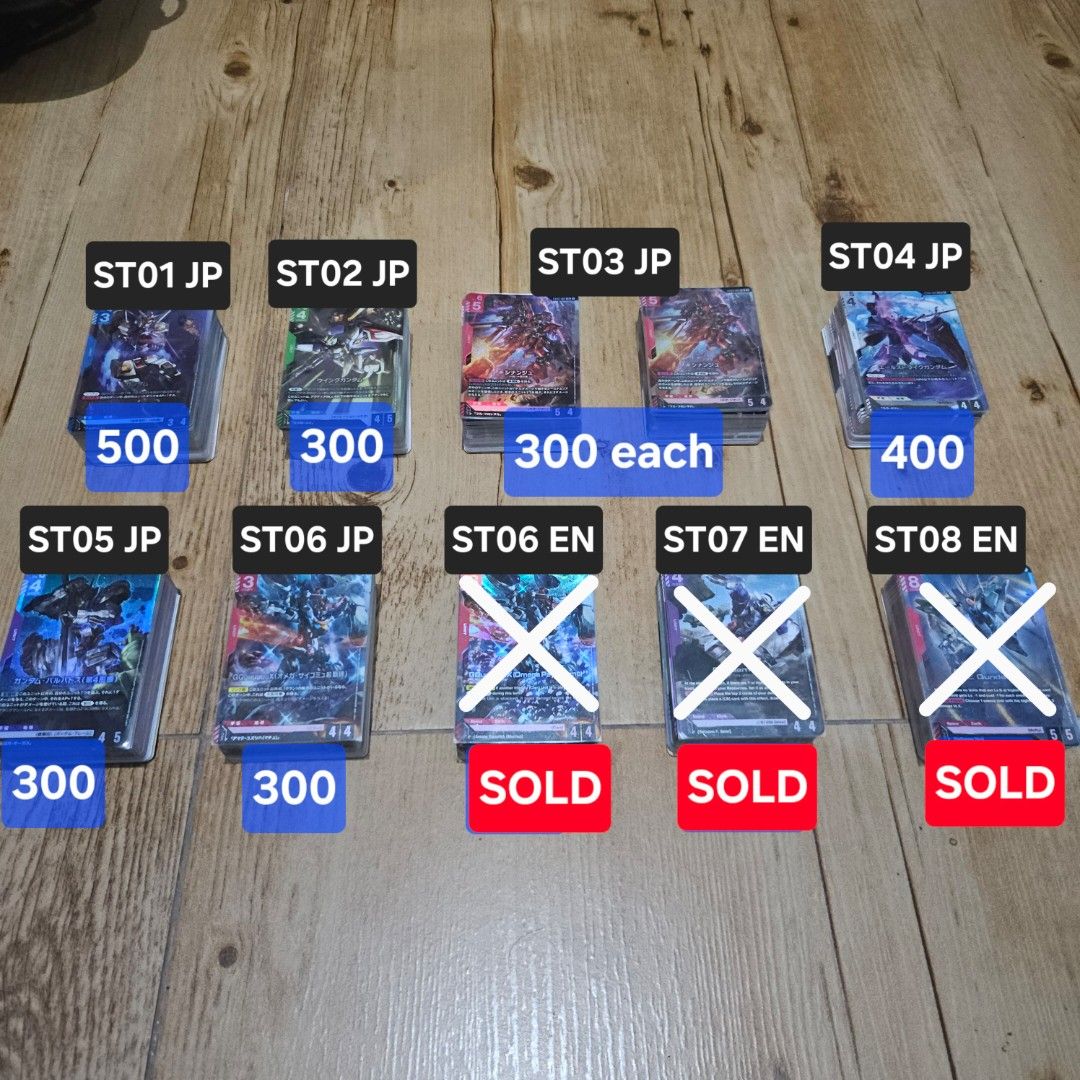 Gundam Card Game TCG ST01-ST06 Bricks (Category: Card Packs) located in Taguig. Submitted by dandymonkey (Listing ID 1438438271, Image 1). Description: Prices are indicated on the pic ✅️ Complete unsealed starter decks ❌️ Does not include the promo pack/card ❌️ No boxes.