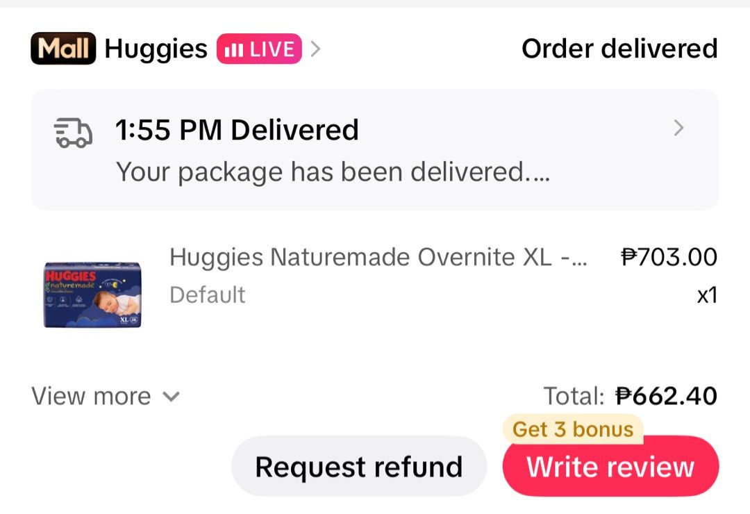 Huggies Naturemade Overnight Pants XL (38 pcs) (Category: Diapers & Baby Wipes) located in Imus. Submitted by hssj2026 (Listing ID 1443554591, Image 2). Description: - Huggies Naturemade Overnight Pants - Size: XL - Pack Size: 38 pieces - Ideal for delicate skin - All-night protection - Features NatureSoft liner - No harmful chemicals added - Absorbs 2x faster - Suitable for babies weighing 12-18 kg BOUGHT FOR A GIFT. WRONG SIZE..