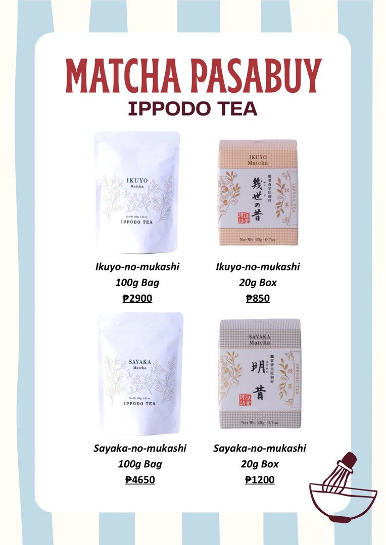 Ippodo Tea Matcha Pasabuy - Various Types Available (Category: Beverages) located in San Juan City. Submitted by gj10_ (Listing ID 1444212405, Image 2). Description: - Pasabuy for authentic Ippodo Tea Matcha! - Available Varieties: Hatsu-mukashi, Wakaki-shiro, Shoin-no-mukashi, Ummon-no-mukashi, Kan-shiro, Ikuyo-no-mukashi, Sayaka-no-mukashi - Sizes: 20g boxes and 100g bags - Perfect for a genuine Japanese tea experience. - Order yours now!.